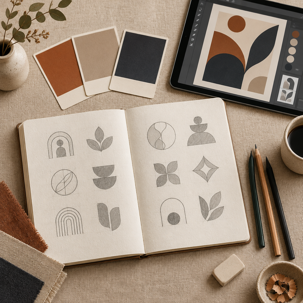 Designer workspace with logo sketches, color swatches and a tablet