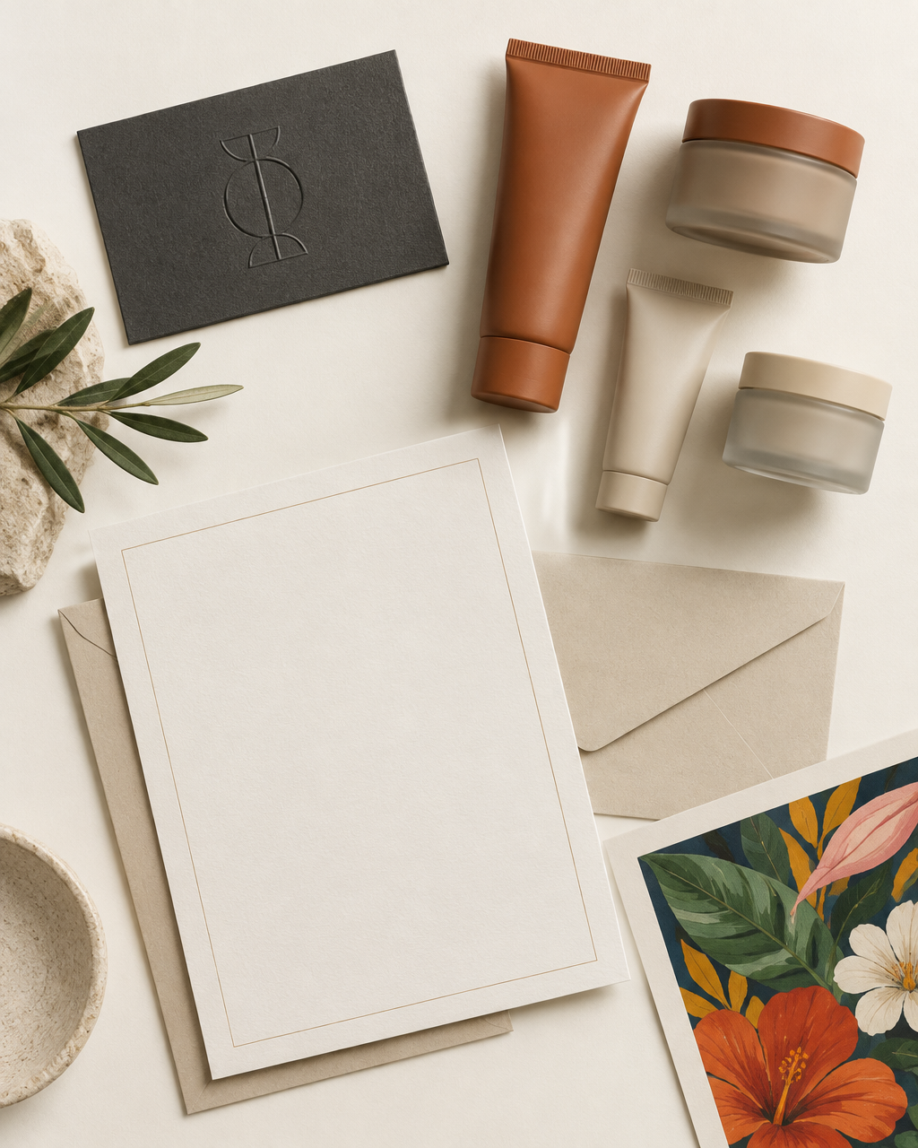 Collage of brand identity, packaging, stationery and illustration design mockups