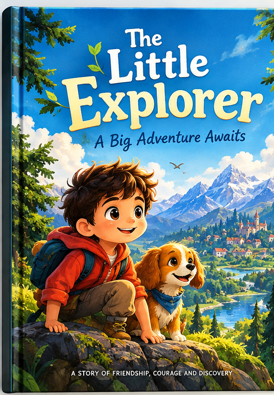 Cover of The Little Explorer storybook showing a boy and his dog on a mountain overlook