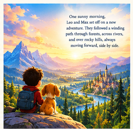 One sunny morning — the pair sets off toward distant mountains and a castle.