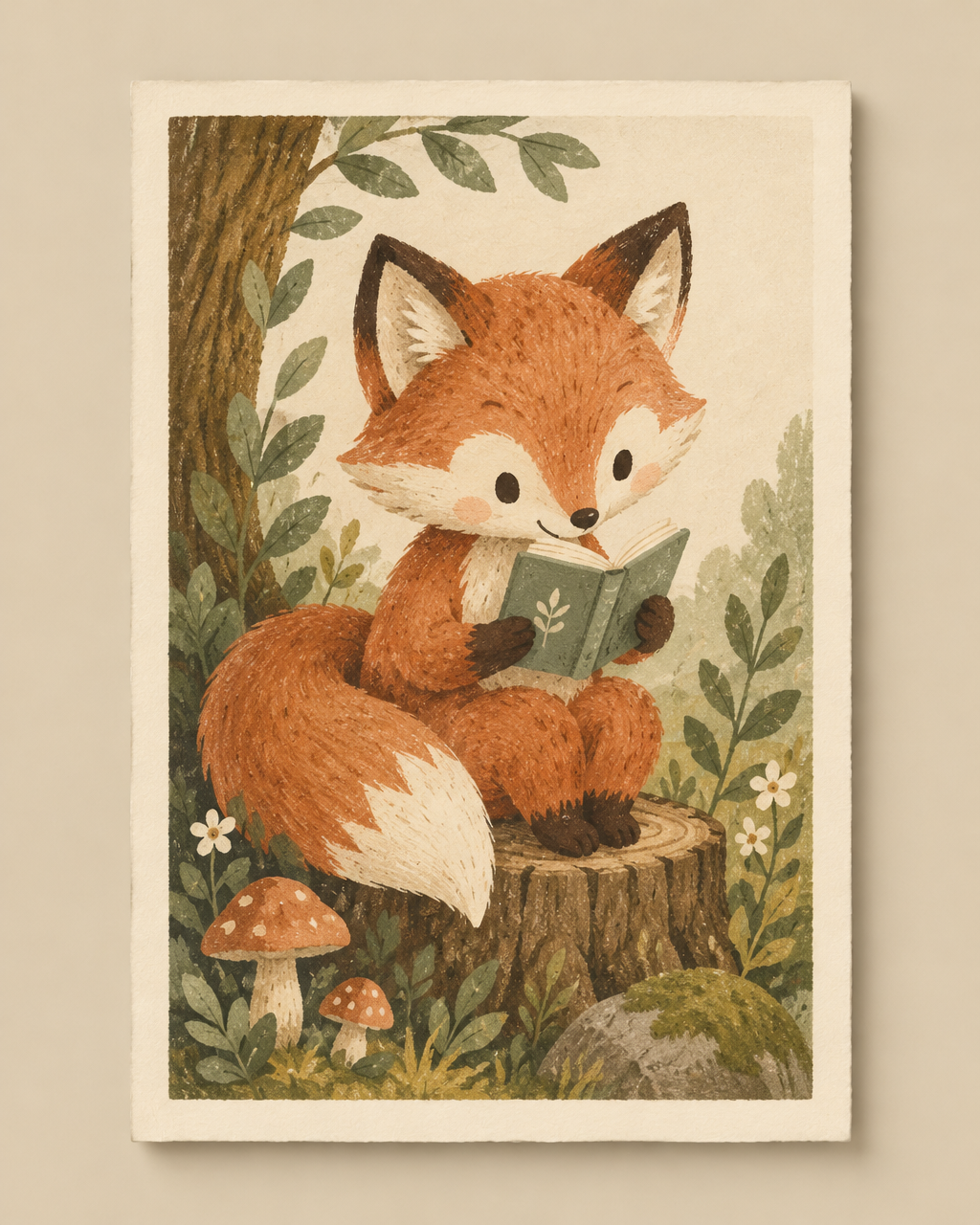 Illustrated fox character reading a small book on a tree stump
