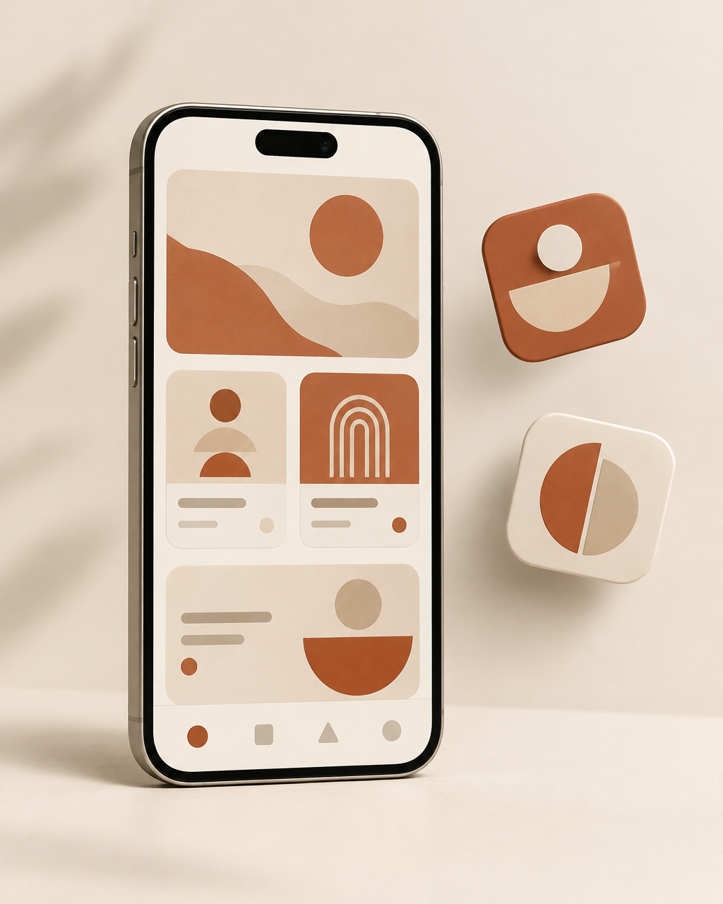 Smartphone with a warm abstract interface beside floating geometric app icons