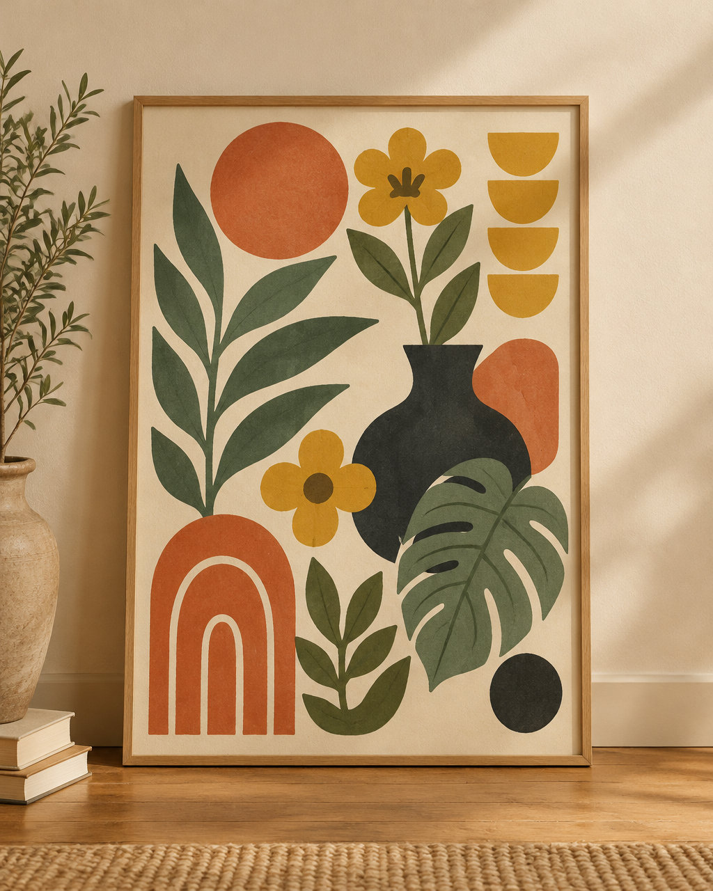 Framed mid-century botanical illustration with terracotta, sage and mustard shapes