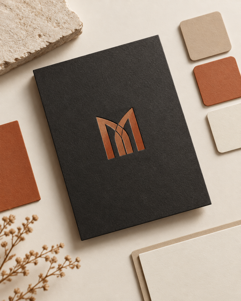 Charcoal notebook with a terracotta foil monogram emblem beside color swatches
