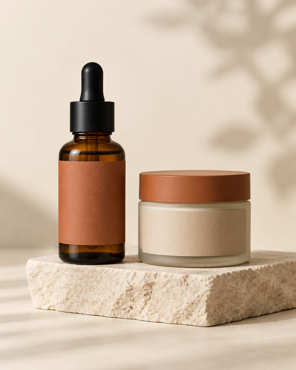 Amber dropper bottle and cream jar with terracotta and beige labels on a stone plinth