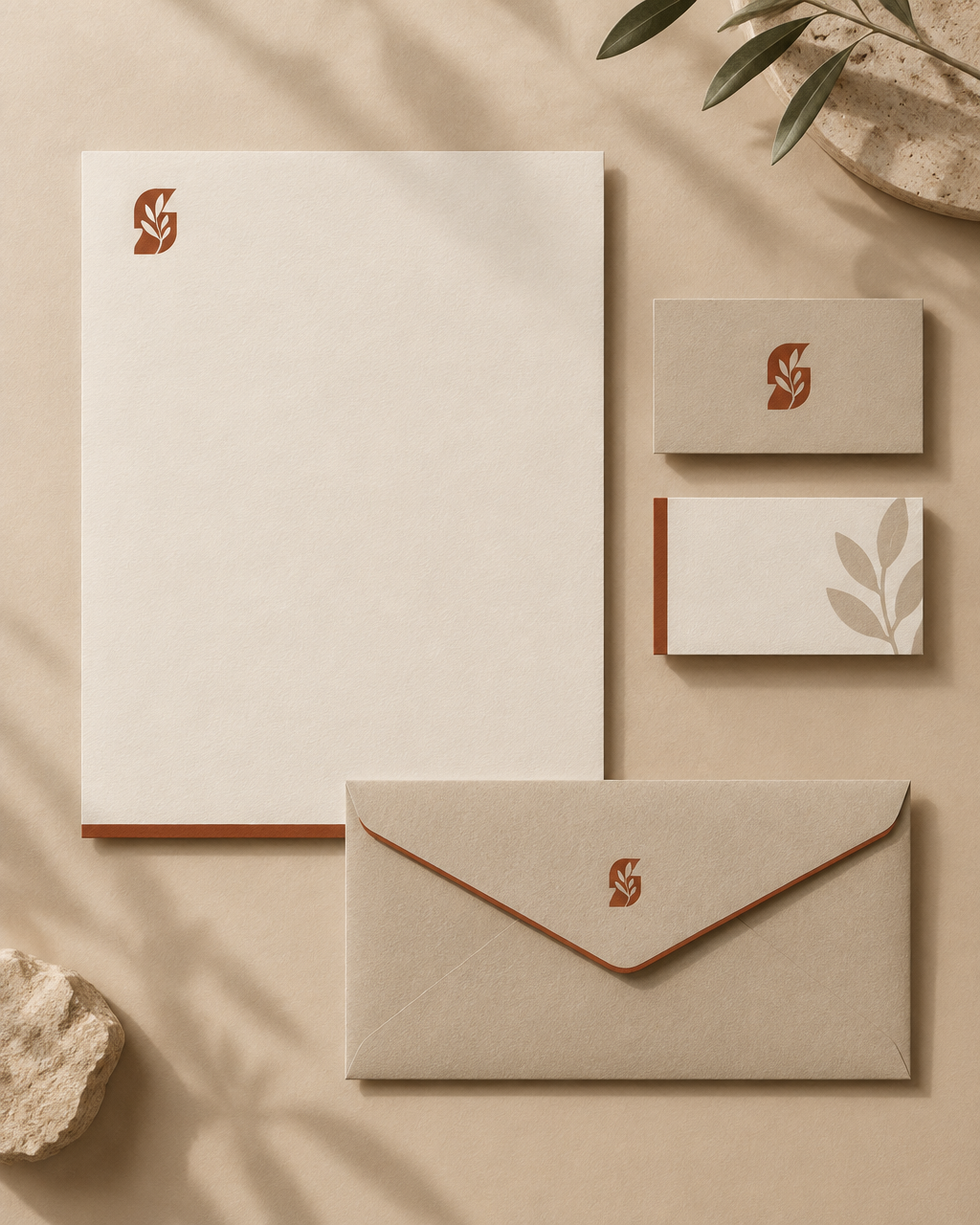 Stationery set with a terracotta leaf monogram on letterhead, cards and a kraft envelope
